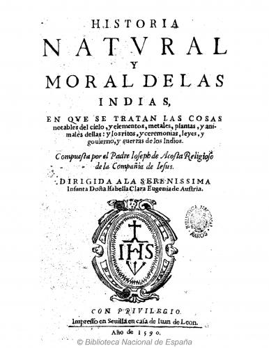 Portada del libro Historia Natural y Moral de las Indias